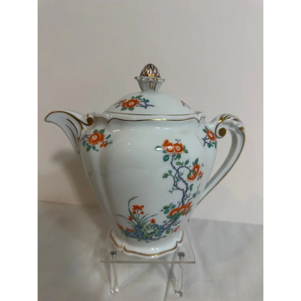 Royale Limoges France Orange-Tree Porcelain Teapot Towle Floral Gold Trim 8in